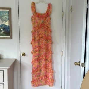 ASOS Pretty Lavish Cecile Ruffle Maxi dress in orange and pink abstract. NWT!!